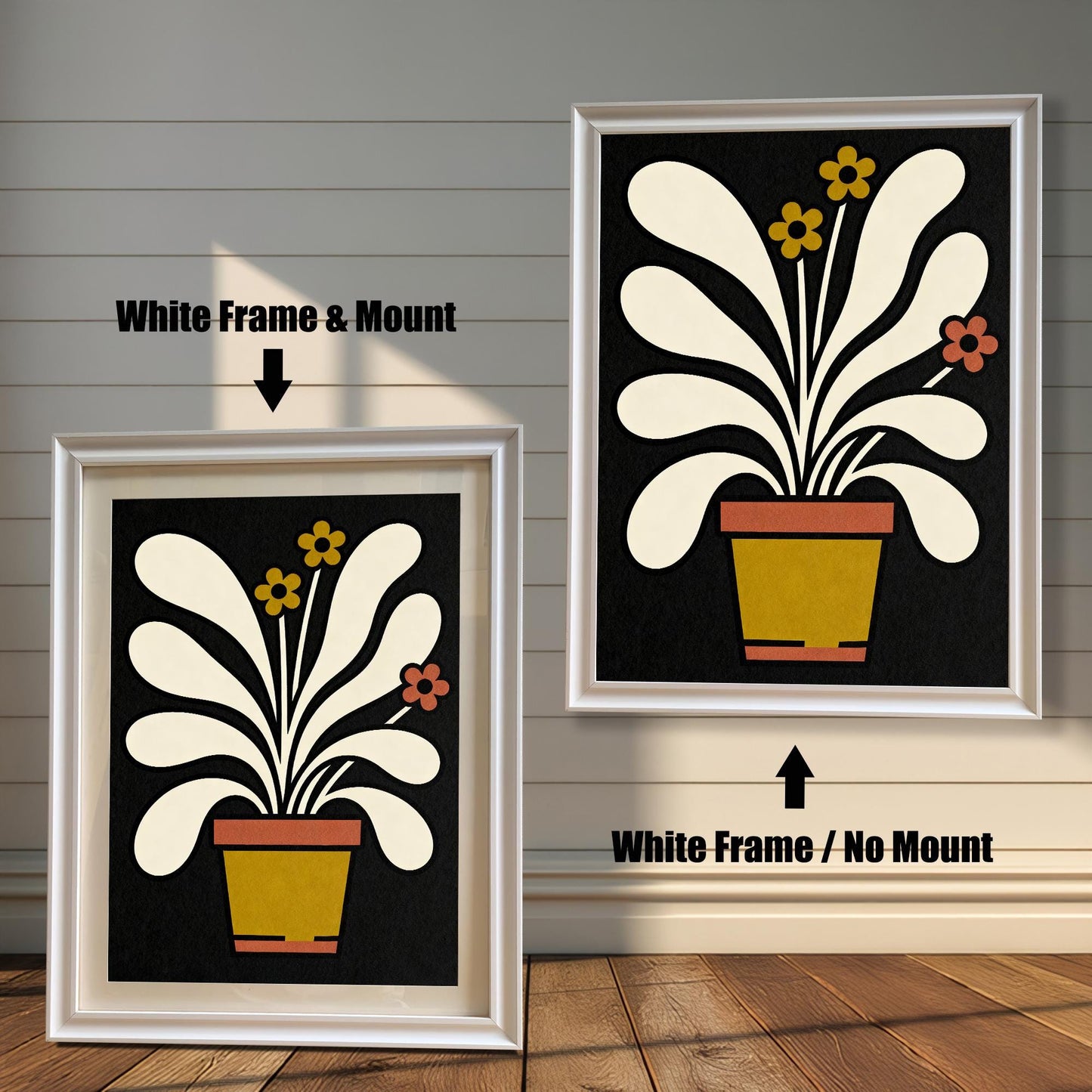 A side-by-side comparison of the abstract potted plant art print in a White wood frame. The left image shows the frame with a Mount (mat), and the right image shows the frame without a mount.