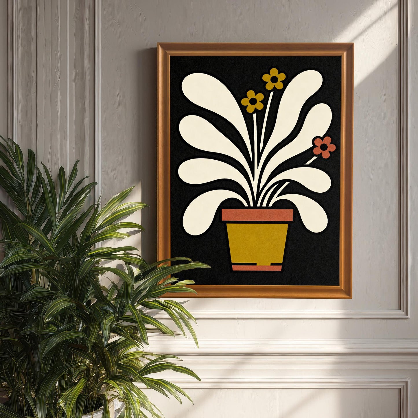 Mock-up of the abstract potted plant art print in a Natural/Orange Wood frame, hanging on a gray paneled wall next to a large indoor plant.