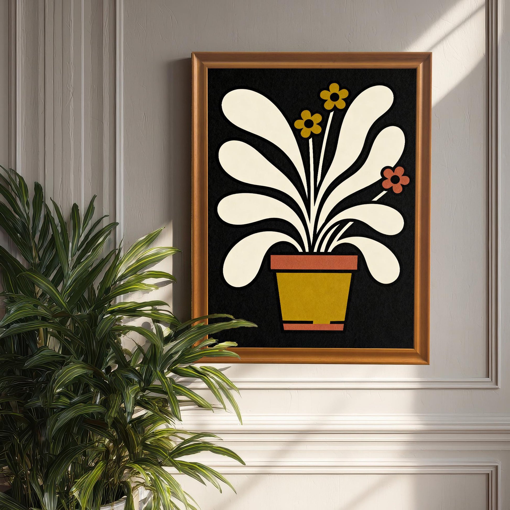 Mock-up of the abstract potted plant art print in a Natural/Orange Wood frame, hanging on a gray paneled wall next to a large indoor plant.