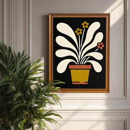 Mock-up of the abstract potted plant art print in a Natural/Orange Wood frame, hanging on a gray paneled wall next to a large indoor plant.