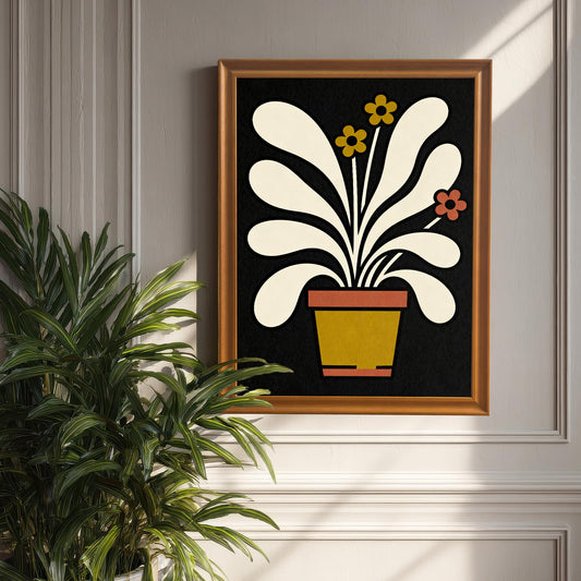 Mock-up of the abstract potted plant art print in a Natural/Orange Wood frame, hanging on a gray paneled wall next to a large indoor plant.