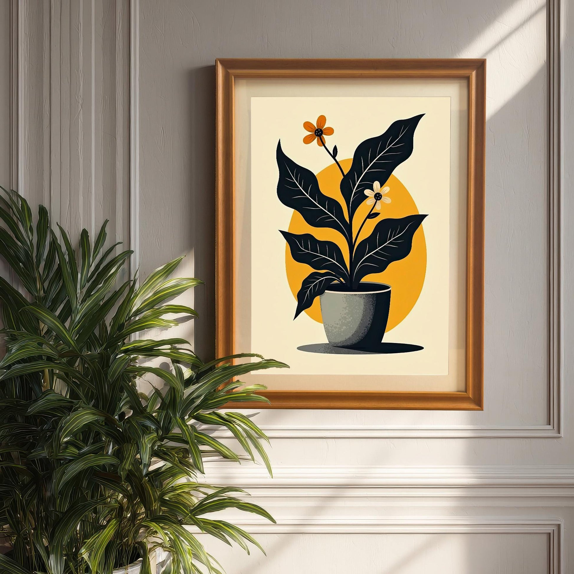 Mock-up of the abstract potted plant art print displayed in an Orange/Natural Wood frame, hanging on a gray paneled wall next to a large indoor plant.