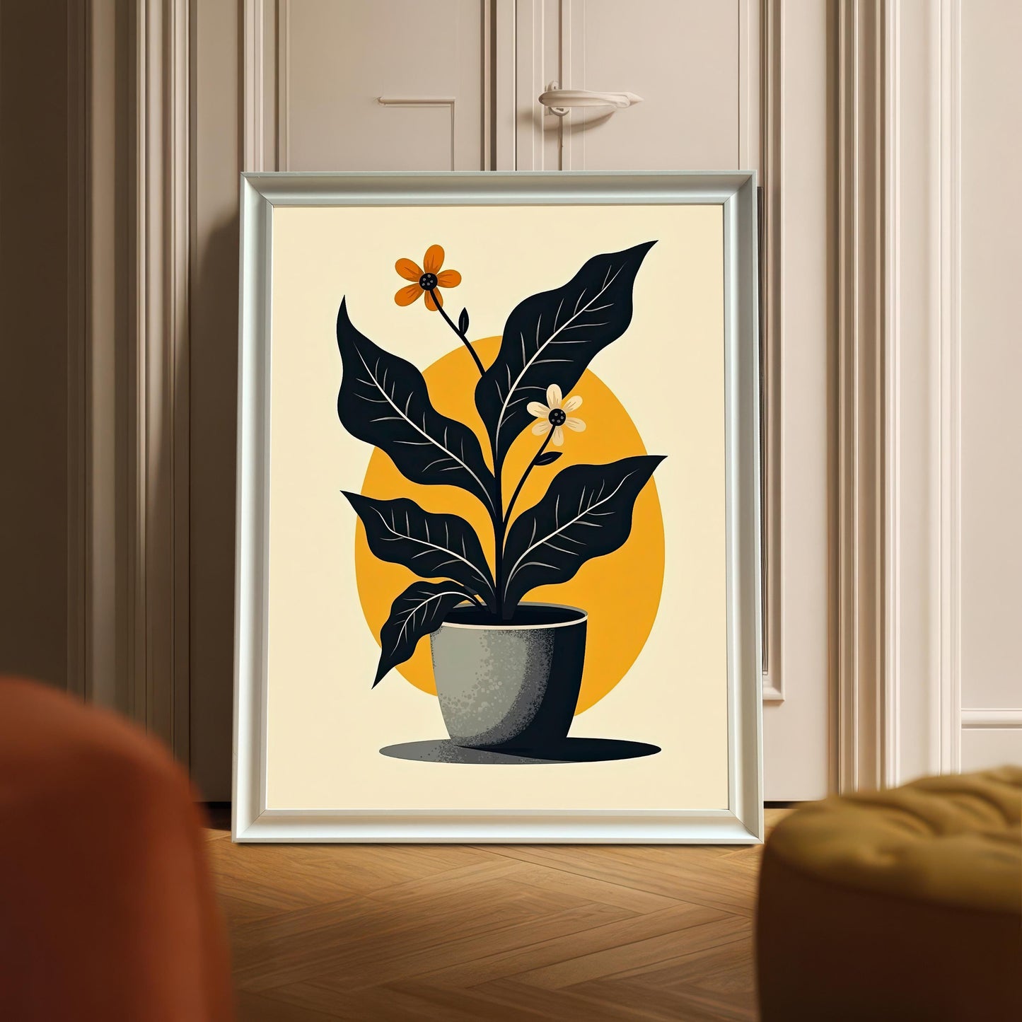 Full-view mock-up of the abstract potted plant art print displayed in a White or Silver frame (appears silver/light gray in this image), leaning on the floor against a cream door or cabinet.