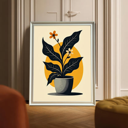 Full-view mock-up of the abstract potted plant art print displayed in a White or Silver frame (appears silver/light gray in this image), leaning on the floor against a cream door or cabinet.