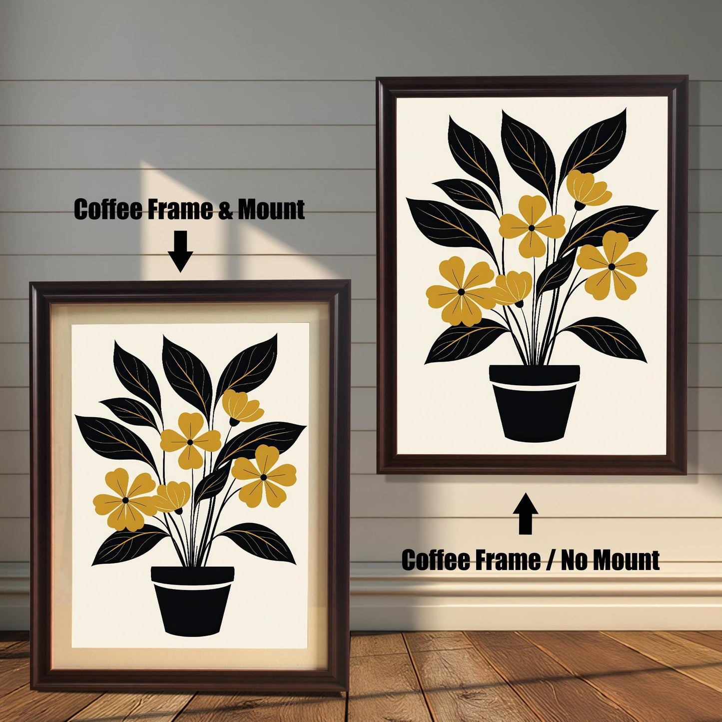 A side-by-side comparison of the yellow and black floral art print in a Coffee-colored wood frame. The left image shows the frame with a Mount (mat), and the right image shows the frame without a mount.
