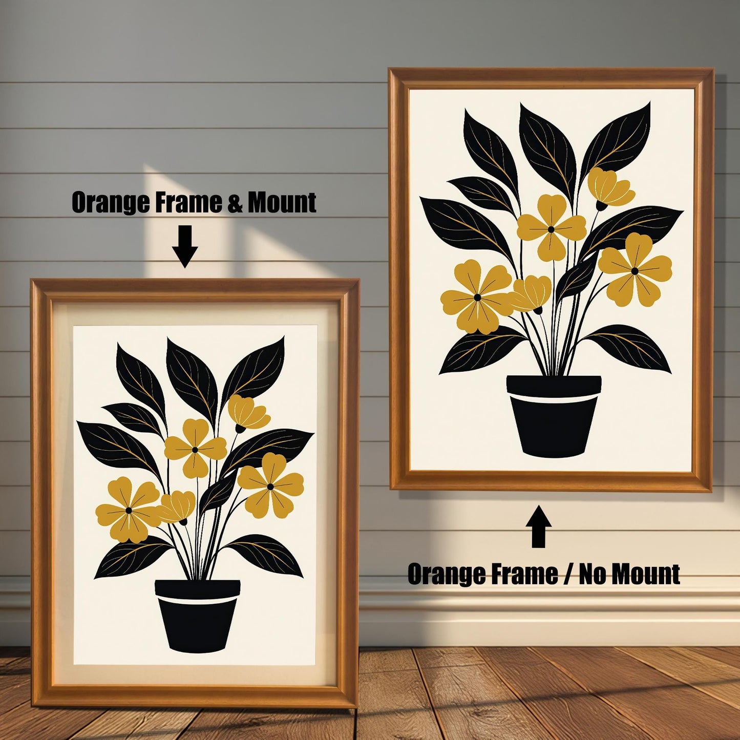 A side-by-side comparison of the yellow and black floral art print in an Orange-colored wood frame. The left image shows the frame with a Mount (mat), and the right image shows the frame without a mount.