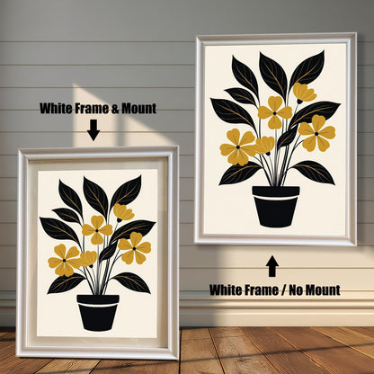 A side-by-side comparison of the yellow and black floral art print in a White wood frame. The left image shows the frame with a Mount (mat), and the right image shows the frame without a mount.