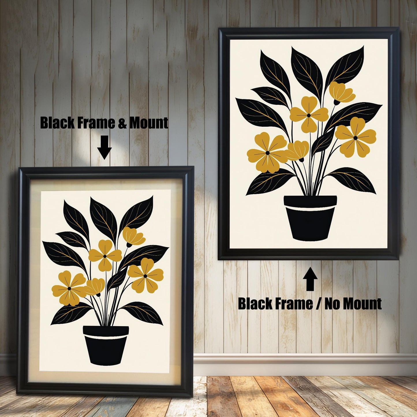 A side-by-side comparison of the yellow and black floral art print in a Black wood frame. The left image shows the frame with a Mount (mat), and the right image shows the frame without a mount.