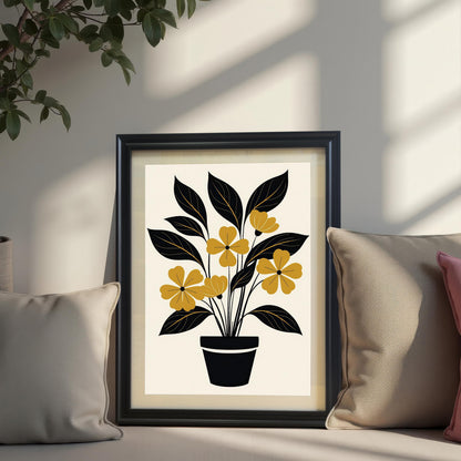 Mock-up of the abstract yellow and black potted plant art print displayed in a Black frame, propped up on a couch or windowsill between two throw pillows, with a potted plant and sunlight shadows above.