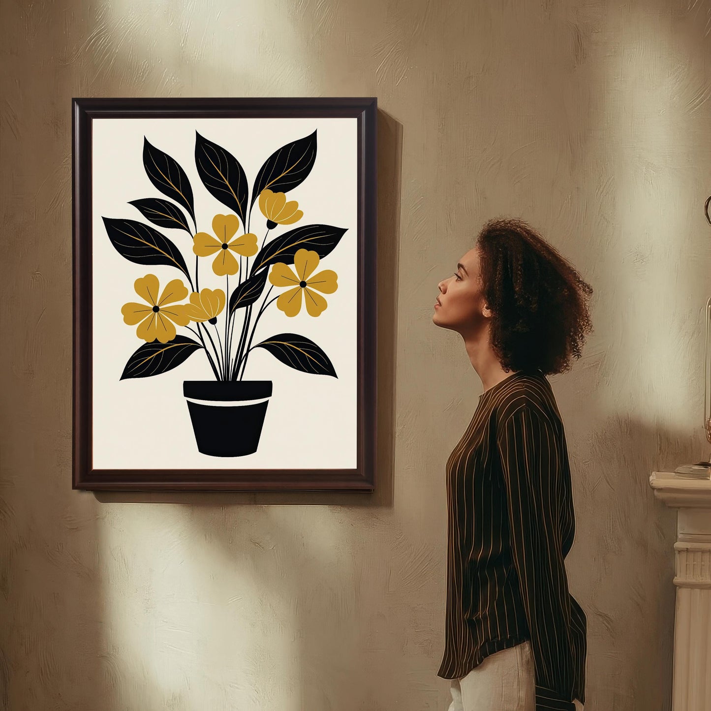 Mock-up of the abstract yellow and black potted plant art print displayed in a Coffee-colored (dark brown) frame, hanging on a textured wall. A woman in a striped shirt stands beside it, looking up at the artwork.