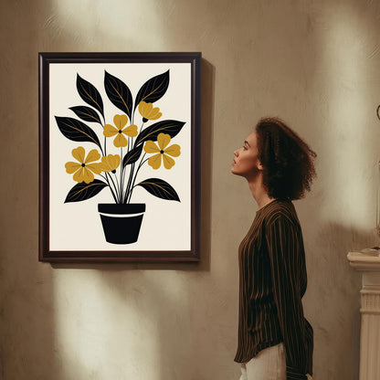 Mock-up of the abstract yellow and black potted plant art print displayed in a Coffee-colored (dark brown) frame, hanging on a textured wall. A woman in a striped shirt stands beside it, looking up at the artwork.