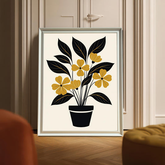 Full-view mock-up of the abstract yellow and black potted plant art print displayed in a White or Silver frame (appears silver/light gray in this image), leaning on the floor against a cream door or cabinet.