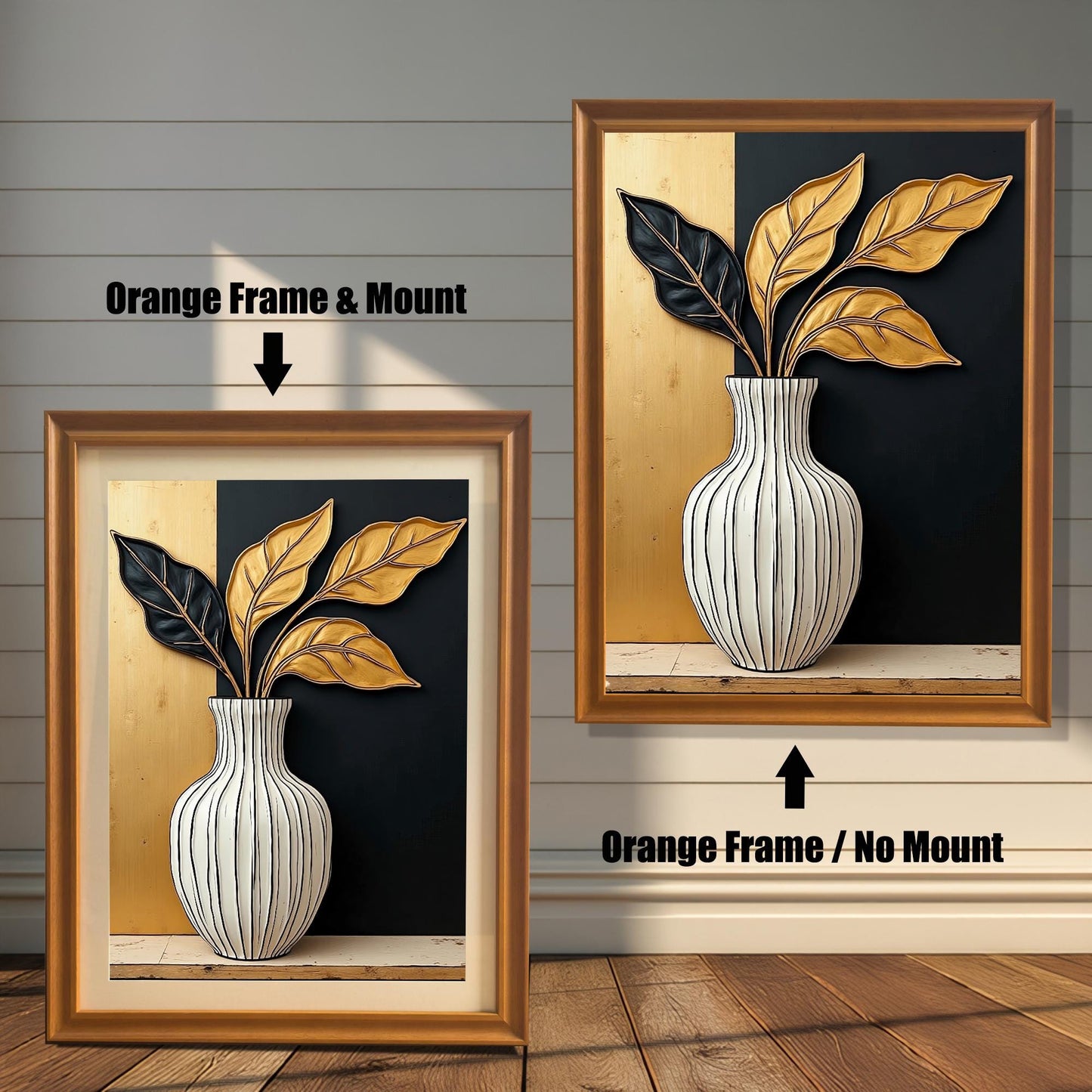 Abstract art print of a white striped vase holding black and gold leaves, set against a split gold and black background. Shown with an Orange/Gold frame, in options with a mount (mat) and without.