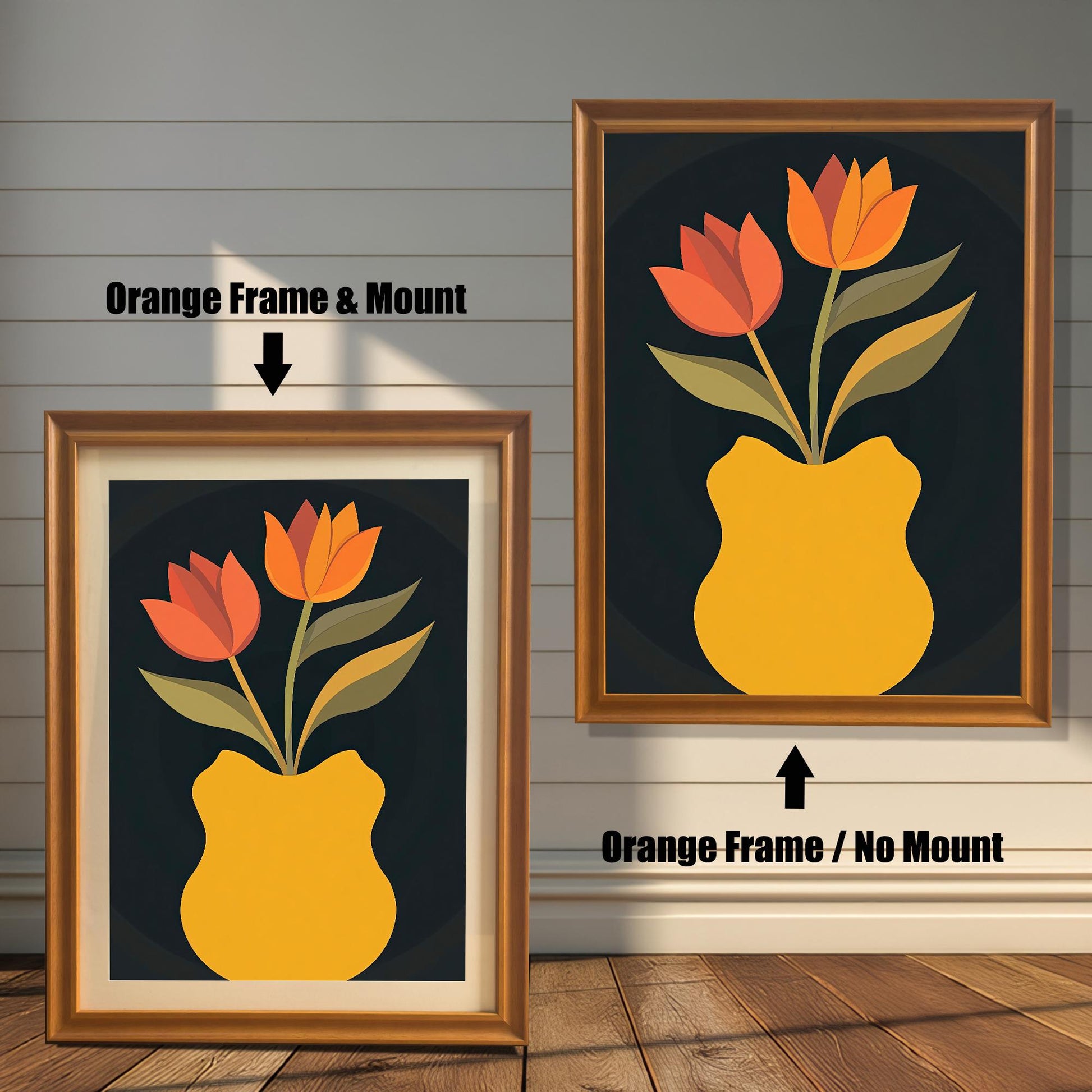 Art print featuring orange and red tulips in a yellow vase on a dark background, shown in an Orange/Gold frame. One print is shown with a light mount (mat) and one without a mount.
