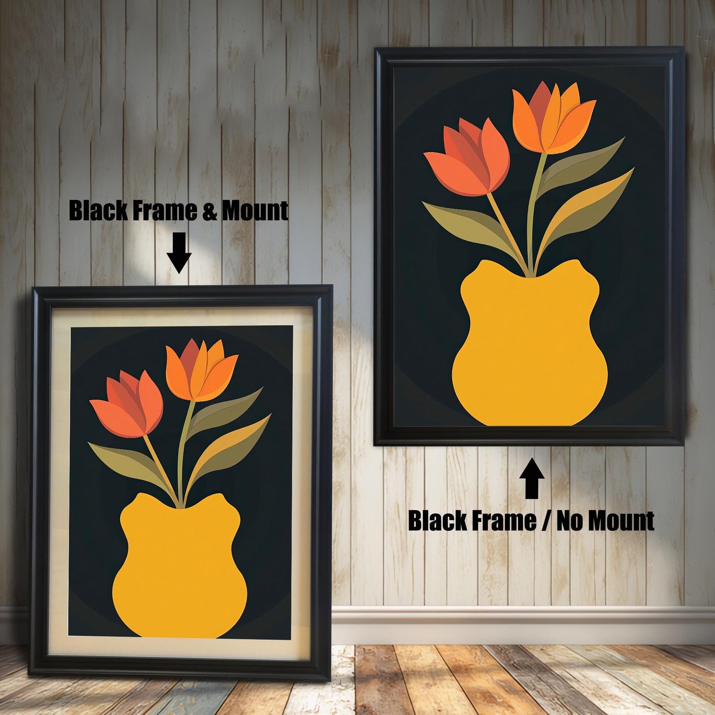 Art print featuring orange and red tulips in a yellow vase on a dark background, shown in a Black frame. One print is shown with a light mount (mat) and one without a mount.