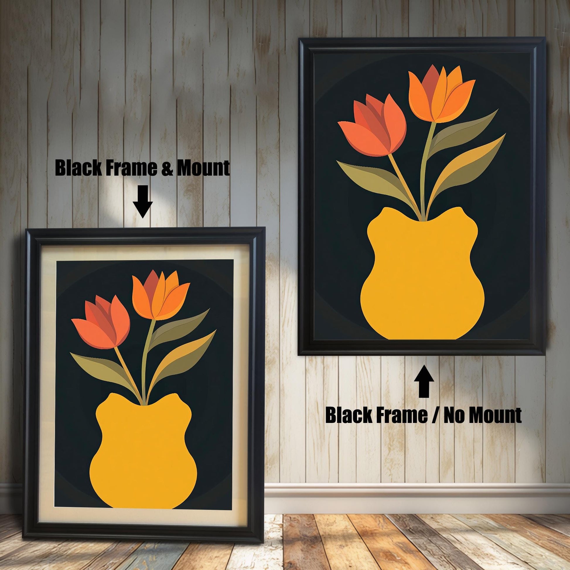 Art print featuring orange and red tulips in a yellow vase on a dark background, shown in a Black frame. One print is shown with a light mount (mat) and one without a mount.
