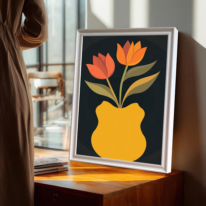 White-framed art print of orange and red tulips in a yellow vase, leaning on a wooden bedside table near a window, with a person standing by.