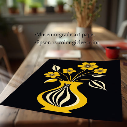 Close-up view of the unframed print with a bright yellow vase and flowers on a black background, emphasizing the print quality. Text notes: Museum-grade art paper, Epson 12-color giclee print.