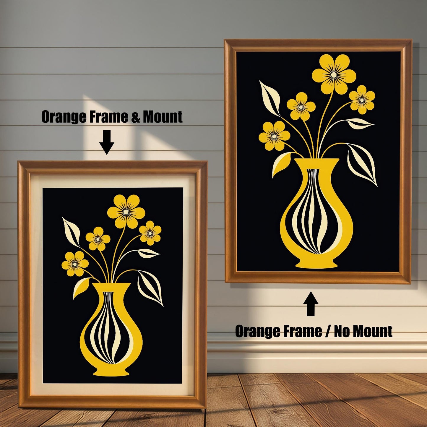 Mid-century modern style art print featuring yellow flowers in a striped yellow vase on a black background, shown in an Orange/Gold frame. One has a light mount (mat) and one does not.