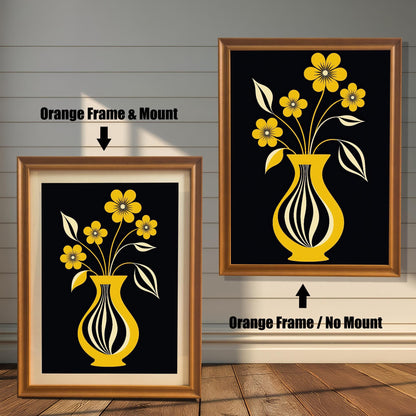 Mid-century modern style art print featuring yellow flowers in a striped yellow vase on a black background, shown in an Orange/Gold frame. One has a light mount (mat) and one does not.