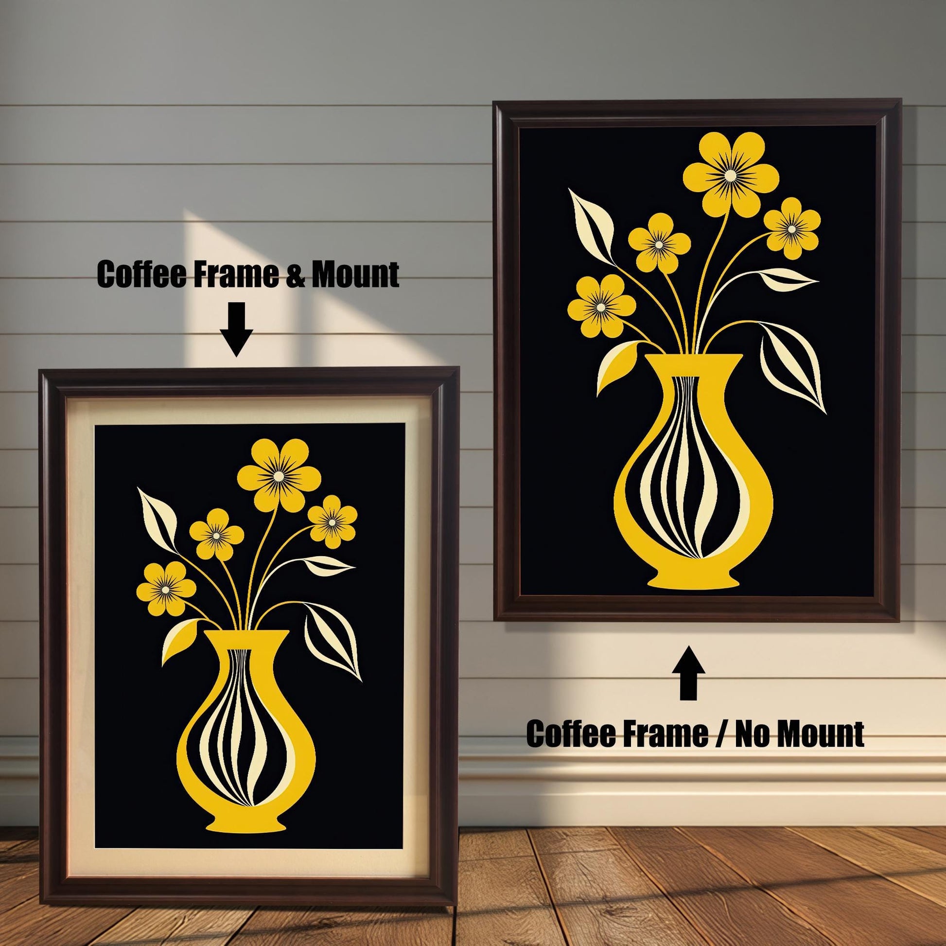 Mid-century modern style art print featuring yellow flowers in a striped yellow vase on a black background, shown in a Coffee-colored frame. One has a light mount (mat) and one does not.