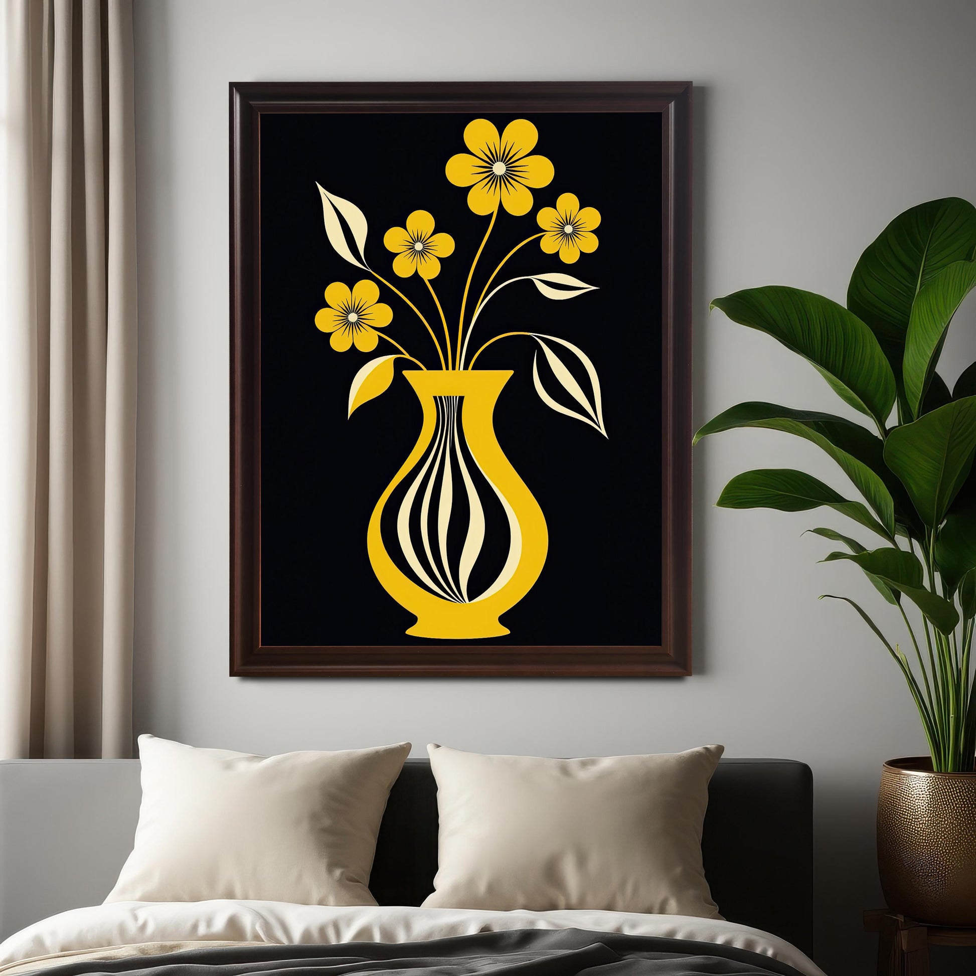 Large framed art print with a dark brown (coffee) frame and no mount, featuring yellow flowers in a striped yellow vase on a black background. It is hanging above a bed with white pillows and a dark throw, next to a large green houseplant.