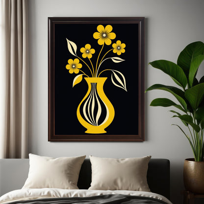 Large framed art print with a dark brown (coffee) frame and no mount, featuring yellow flowers in a striped yellow vase on a black background. It is hanging above a bed with white pillows and a dark throw, next to a large green houseplant.