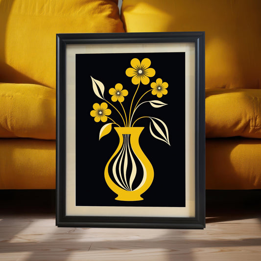 Black framed art print with a light mount, featuring yellow flowers in a striped yellow vase on a black background, leaning on a wood floor in front of a bright yellow couch.