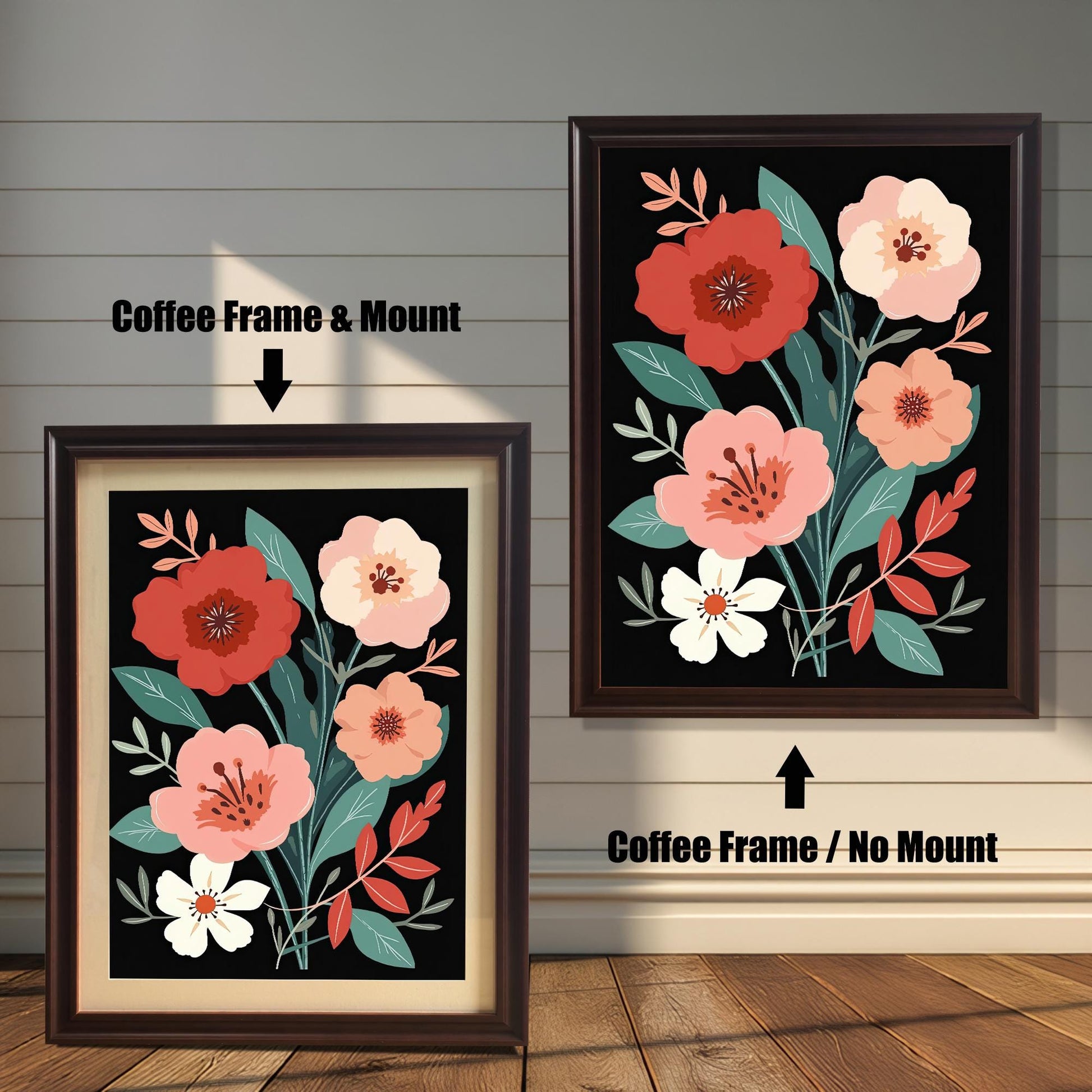Floral art print with coffee-colored frame options. One print is shown with a light-colored mount (mat), and one without a mount, both in a coffee frame.