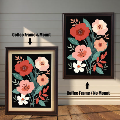 Floral art print with coffee-colored frame options. One print is shown with a light-colored mount (mat), and one without a mount, both in a coffee frame.