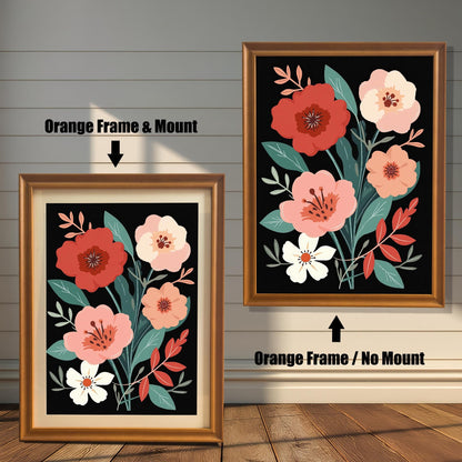 Floral art print with orange-toned frame options. One print is shown with a light-colored mount (mat), and one without a mount, both in an orange frame.