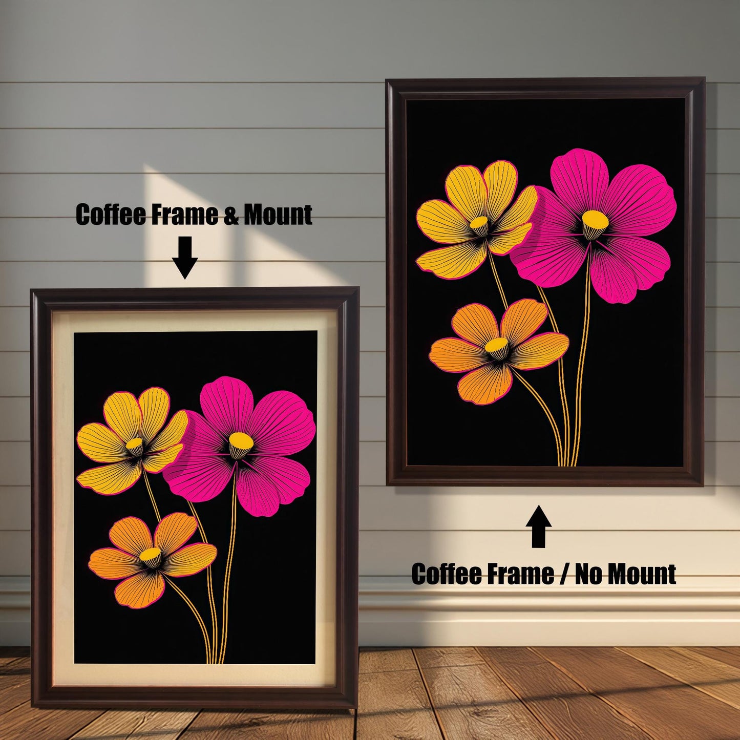 Abstract neon floral art print in a Coffee colored wood frame with a mount/mat (left) and without a mount/mat (right). The vibrant print features pink and yellow-orange flowers on a black background.