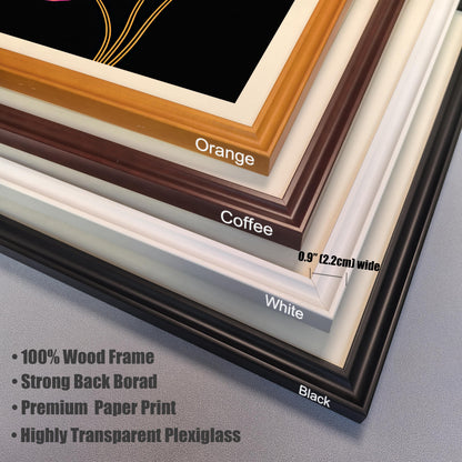 Close-up of the four wood frame colors available: Orange, Coffee, White, and Black. The image lists product features: 100% Wood Frame, Strong Back Board, Premium Paper Print, Highly Transparent Plexiglass.