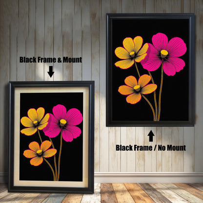 Abstract neon floral art print in a Black colored wood frame with a mount/mat (left) and without a mount/mat (right). The design is modern and minimalist with a black background.