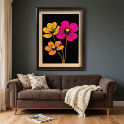 Large, vibrant neon floral art print in a Coffee/Dark Wood frame with a mount/mat, hanging above a brown velvet sofa on a dark gray wall. The print features bright pink and yellow flowers on a black background.