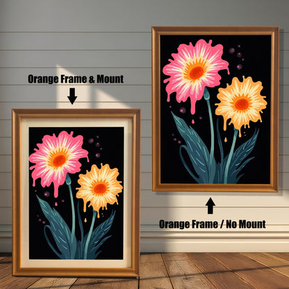 Pop art style floral print in an Orange colored wood frame with a mount/mat (left) and without a mount/mat (right). The bold design includes pink and orange flowers and dark teal leaves on black.