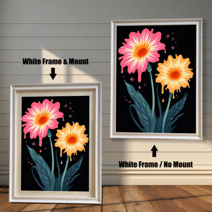 Pop art style floral print in a White colored wood frame with a mount/mat (left) and without a mount/mat (right). The print features a melting pink and orange flower design on black.
