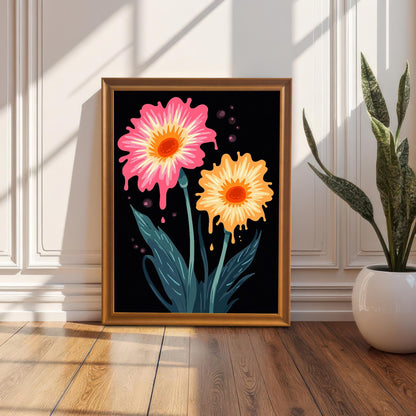 Styled image of the dripping pink and orange floral art print in an Orange/Gold frame, propped on a wooden floor against a white panelled wall. A potted houseplant stands to the right.
