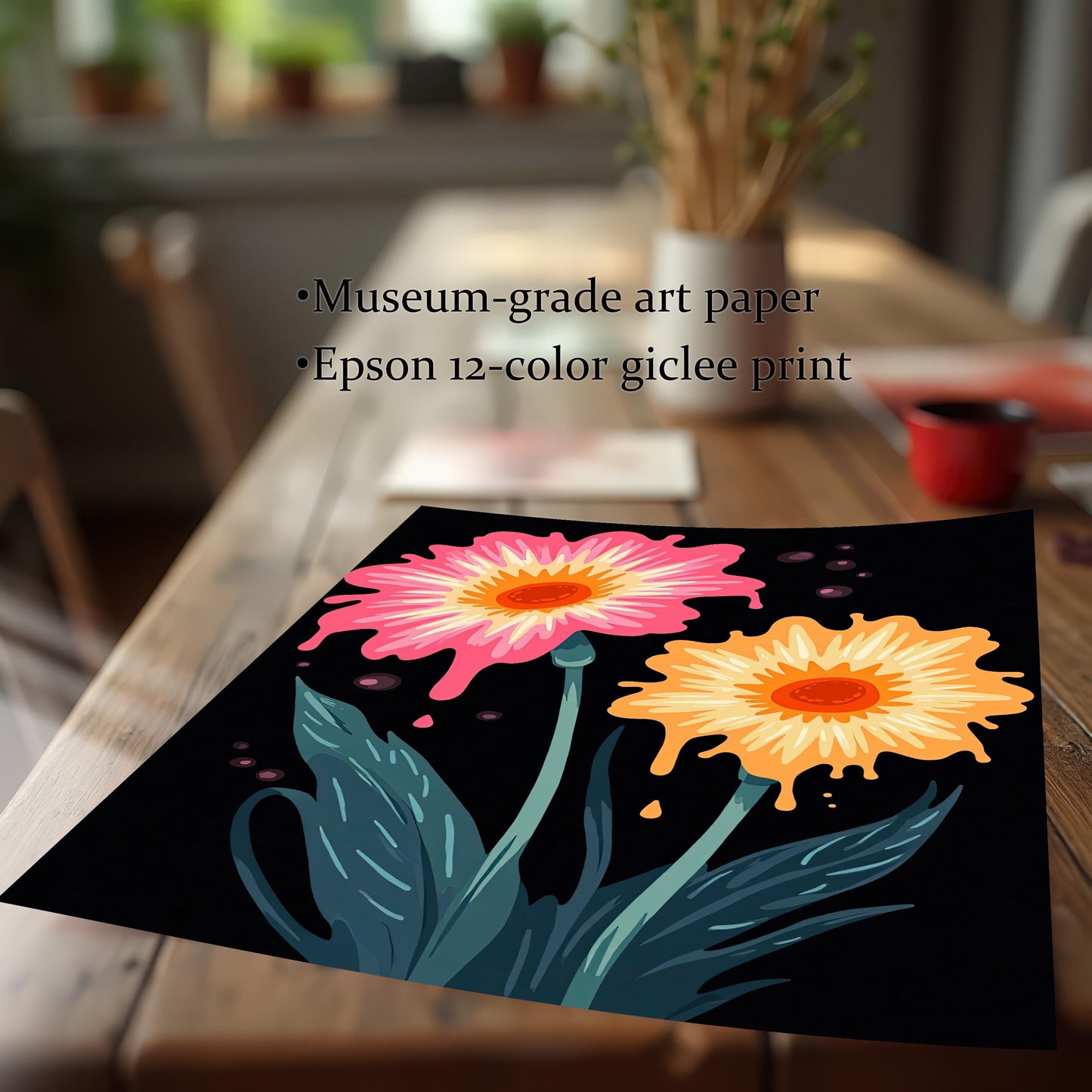 Detail shot of the dripping floral art print, highlighting print quality and materials: Museum-grade art paper and Epson 12-color giclee print.