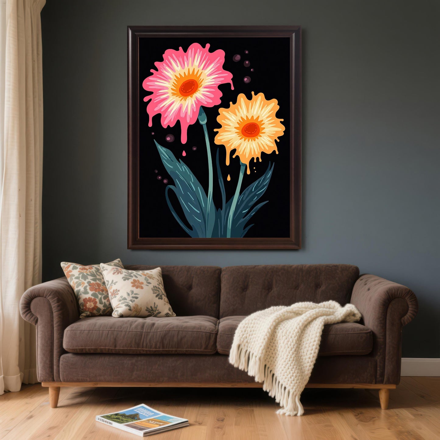 Large, surreal floral art print in a Coffee/Dark Wood frame hanging above a brown velvet sofa on a dark gray wall. The print features melting pink and orange flowers and contrasts with the moody room decor.