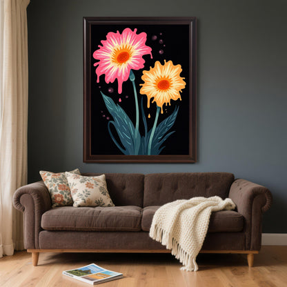 Large, surreal floral art print in a Coffee/Dark Wood frame hanging above a brown velvet sofa on a dark gray wall. The print features melting pink and orange flowers and contrasts with the moody room decor.