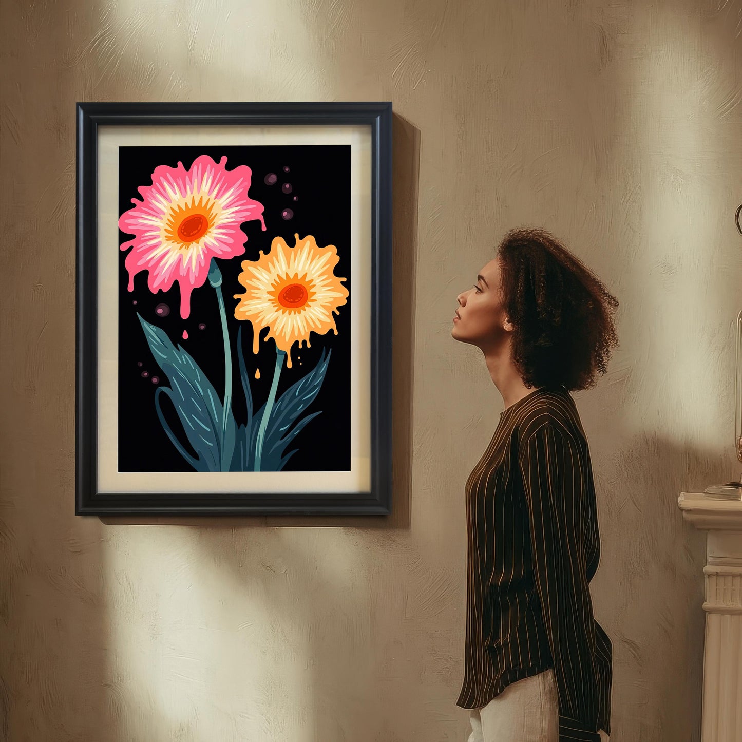 Styled image of the Black framed pop art floral print with a mount/mat hanging on a neutral wall. A woman with curly hair stands admiring the artwork, which features melting pink and orange flowers on a black background.