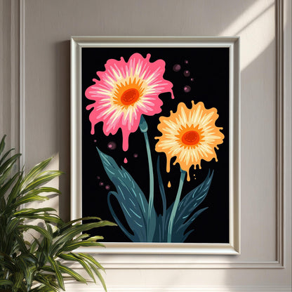 Modern floral art print in a White frame, propped against a grey panelled wall with strong sunlight and a potted palm in the foreground. The flowers are pink and orange on black.