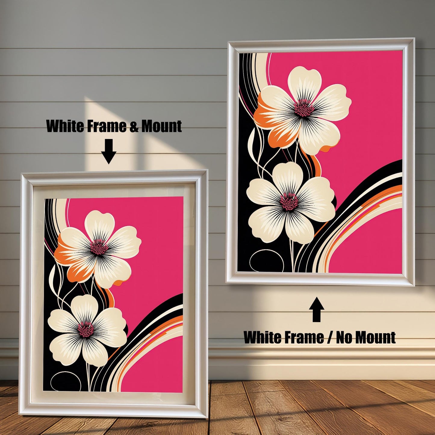 Modern floral art print in a White colored wood frame with a mount/mat (left) and without a mount/mat (right). The print features two stylized flowers on a fuchsia pink background.