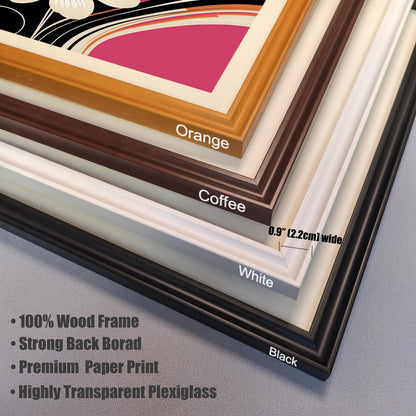 Close-up of the four wood frame colors available: Orange, Coffee, White, and Black. The image lists product features: 100% Wood Frame, Strong Back Board, Premium Paper Print, Highly Transparent Plexiglass.