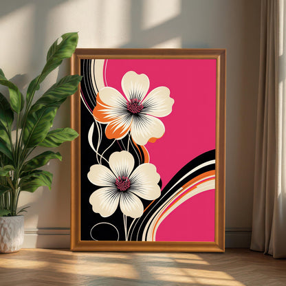 Large, modern floral art print in an Orange/Wood frame, propped up on a wooden floor next to a potted houseplant, bathed in warm afternoon sunlight.