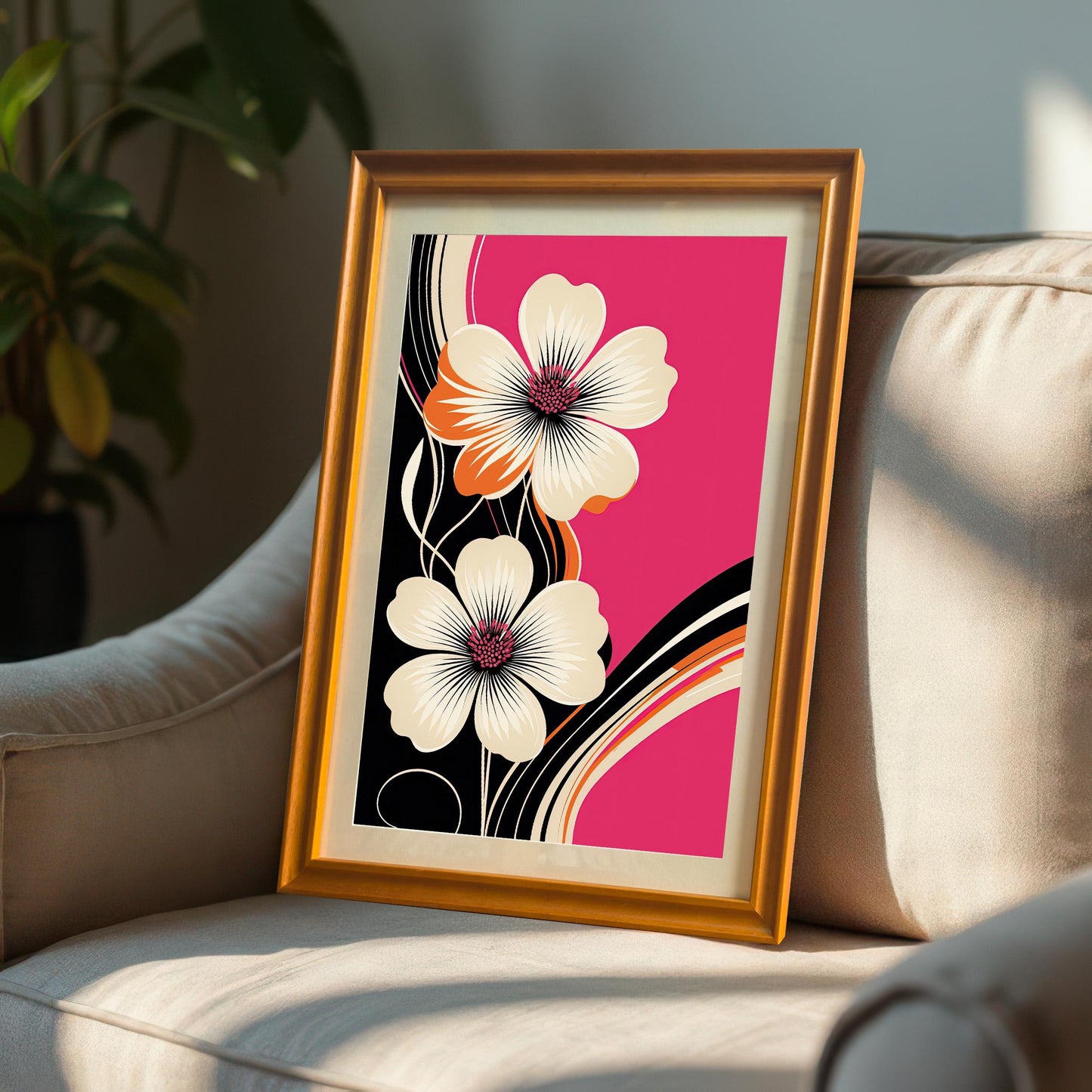 Modern floral art print in a Gold/Orange frame, leaning on the armrest of a light-colored armchair in a cozy, sunlit room.
