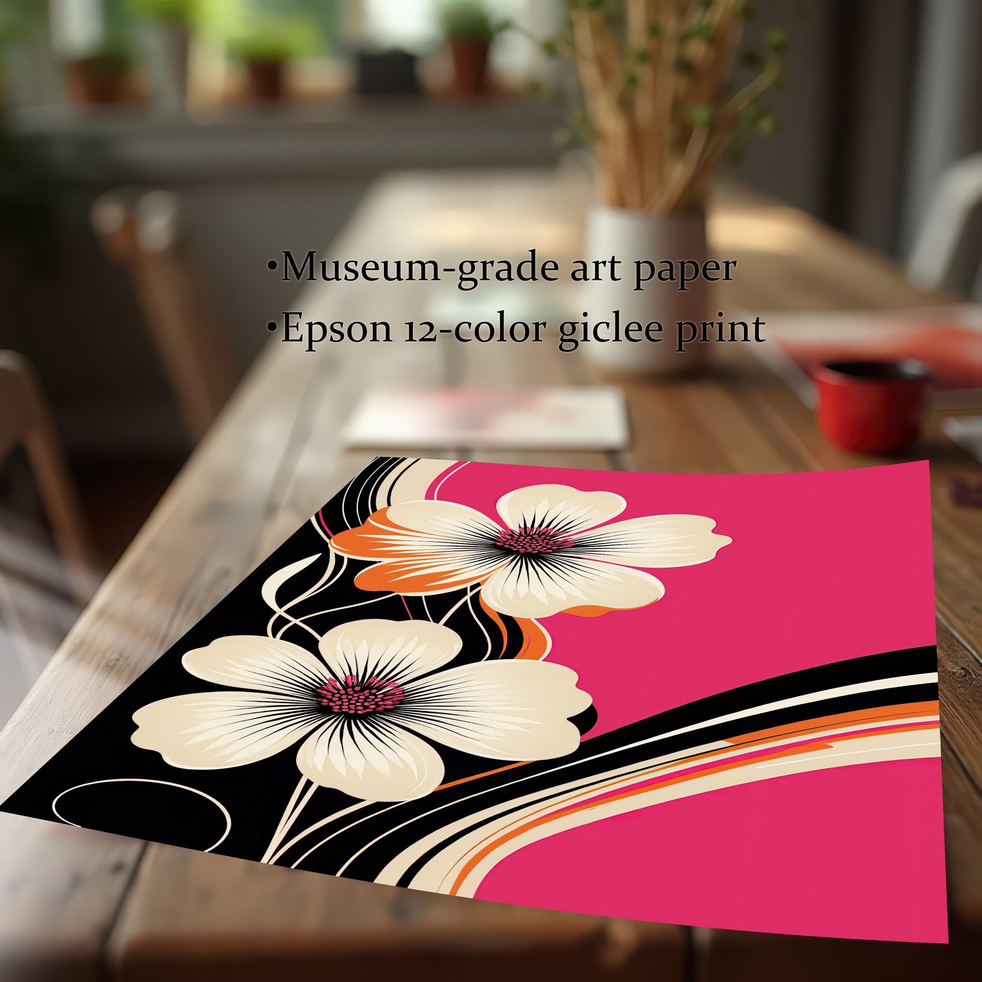 Detail shot of the pink floral art print, highlighting print quality and materials: Museum-grade art paper and Epson 12-color giclee print.