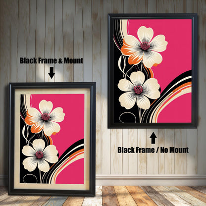 Modern floral art print in a Black colored wood frame with a mount/mat (left) and without a mount/mat (right). The design is abstract with a bright pink, black, and white color scheme.