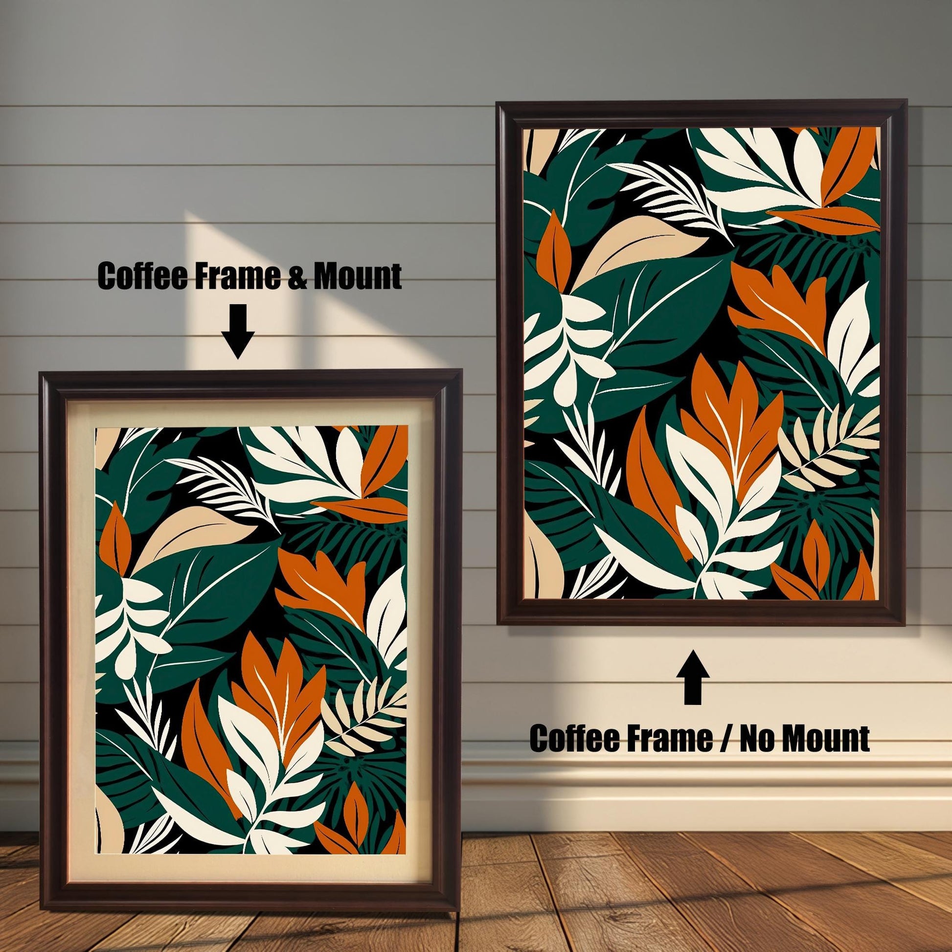 Abstract tropical leaf art print in a Coffee colored wood frame with a mount/mat (left) and without a mount/mat (right). The color palette is dark green, orange, cream, and black.